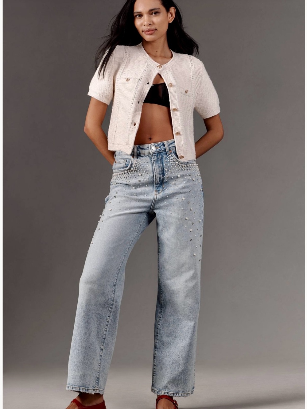 Anthropologie Pilcro Light Blue Pearl + Crystal Straight Leg Jeans - Picture 9 of 12